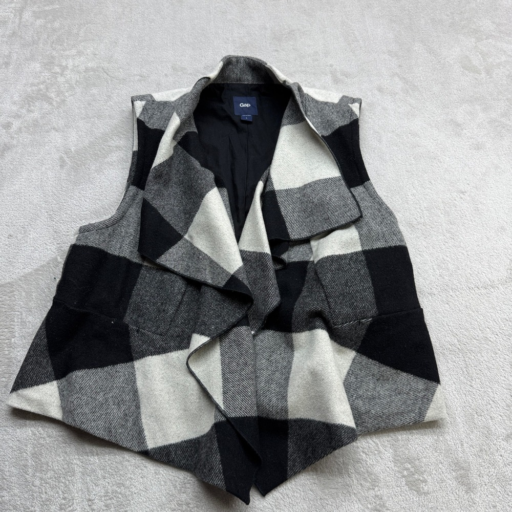 Gap Drape Vest Women Large Black White Buffalo Plaid Wool Blend Preppy Cozy Y2K